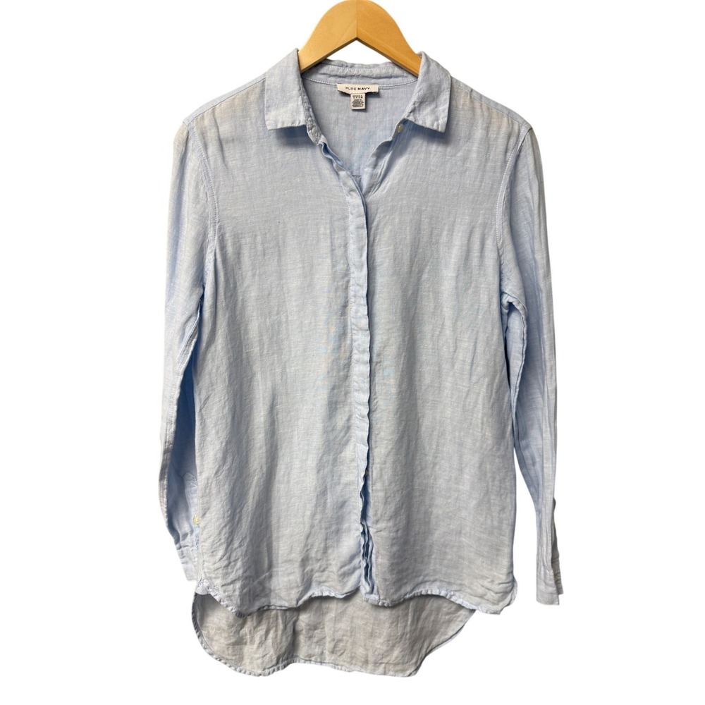 Pure Navy 100% Linen Button Up Shirt Womens S Light Blue Casual Coastal Casual